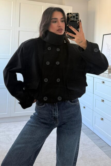 Tasarım Düğmeli Bomber Ceket Siyah