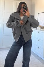 Tasarım Düğmeli Bomber Ceket Gri - Görsel 2