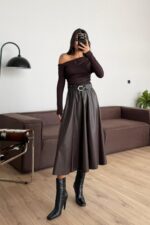 Kemerli Uzun Deri Etek Kahverengi