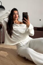 Yumoş Madonna Yaka Pantolon Takım Beyaz