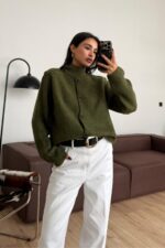 Düğme Detaylı Hırka Haki