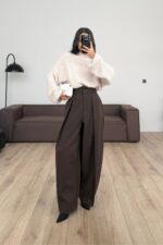 Yüksek Bel Kalın Kumaşlı Pantolon Kahverengi