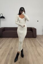 Kalp Yaka Ribana Kumaş Elbise Bej