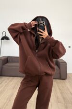 Oversize Kapşonlu Hırka Kahverengi - Görsel 2