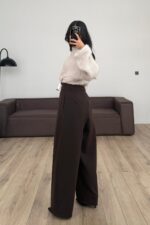 Yüksek Bel Kalın Kumaşlı Pantolon Kahverengi - Görsel 3