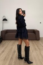 Güpür Detaylı Gold Tokalı Lacivert Elbise - Görsel 3