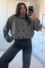 Tasarım Düğmeli Bomber Ceket Gri