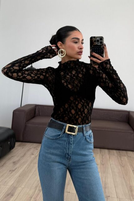 Balıkçı Yaka Dantel Bluz Siyah