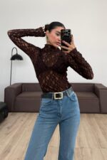 Balıkçı Yaka Dantel Bluz Kahverengi