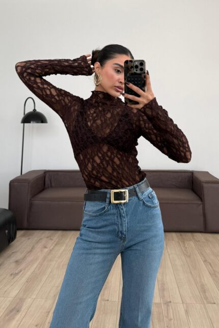 Balıkçı Yaka Dantel Bluz Kahverengi