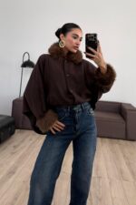 Yarasa Kollu Kürk Detaylı Panço Kahverengi