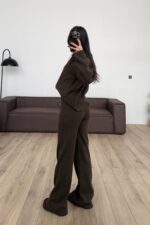 Kapşonlu Triko Hırka Pantolon Takım Kahverengi - Görsel 4