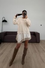 Asimetrik Kesim Güpürlü Bluz Bej - Görsel 2