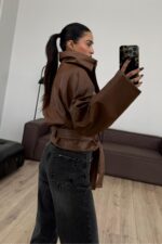 Yumuşak Derili Dik Yaka Ceket Kahverengi - Görsel 3