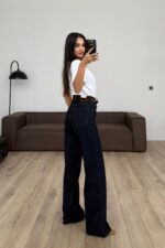 Kemerli Wide Leg Koyu Lacivert Jean - Görsel 3