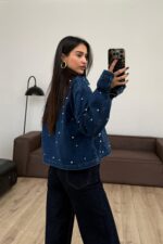 İnci Taşlı Fermuarlı Denim Ceket - Görsel 4