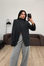 Tek Düğmeli Dik Yakalı Ceket Koyu Antrasit