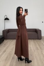 Beli Bağlamalı Elbise Kahverengi - Görsel 4