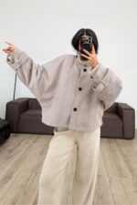 Balık Sırtı Dik Yaka Yumuşak Kaban Vizon - Görsel 2