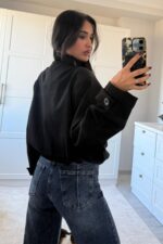 Tasarım Düğmeli Bomber Ceket Siyah - Görsel 4