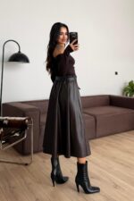 Kemerli Uzun Deri Etek Kahverengi - Görsel 3