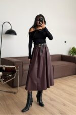 Kemerli Uzun Deri Etek Bordo