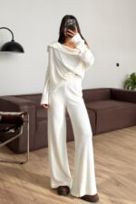 Yumoş Madonna Yaka Pantolon Takım Beyaz - Görsel 2