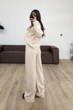 Kapşonlu Triko Hırka Pantolon Takım Bej - Görsel 4