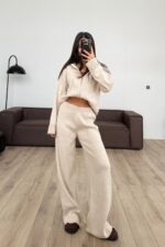 Kapşonlu Triko Hırka Pantolon Takım Bej