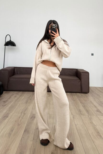 Kapşonlu Triko Hırka Pantolon Takım Bej