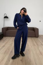 Yakası Fermuarlı Triko Takım Lacivert