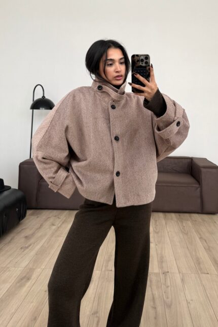 Balık Sırtı Dik Yaka Yumuşak Kaban Kahverengi