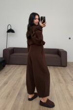 Yakası Fermuarlı Triko Takım Kahverengi - Görsel 5