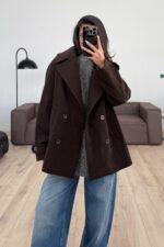 Bağlamalı Kaşe Kısa Kaban Acı Kahve