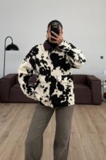 İnek Desenli Kadife Yaka Ceket