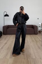 Parlak Kumaş Fermuarlı Ceket Takım Siyah