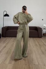 Parlak Kumaş Fermuarlı Ceket Takım Çağla