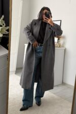 Astarlı Kruvaze Yaka Kaşe Kaban Füme