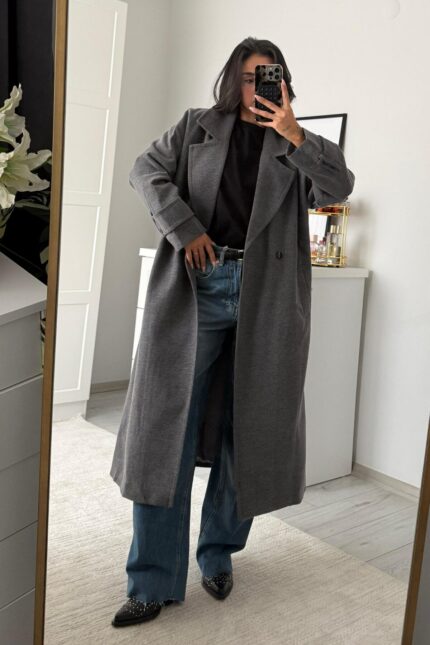 Astarlı Kruvaze Yaka Kaşe Kaban Füme