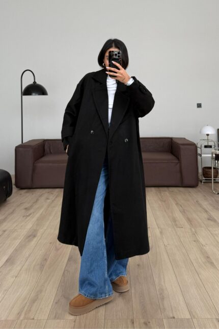 Astarlı Kruvaze Yaka Kaşe Kaban Siyah