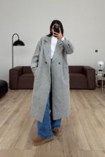 Astarlı Kruvaze Yaka Kaşe Kaban Gri