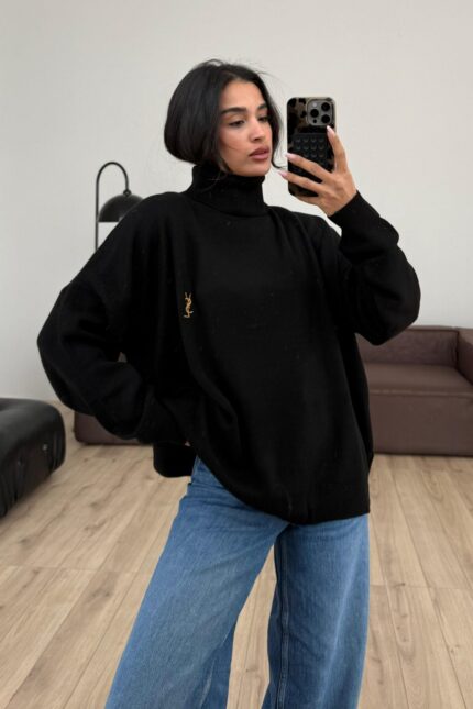 Boğazlı Oversize Kazak Siyah