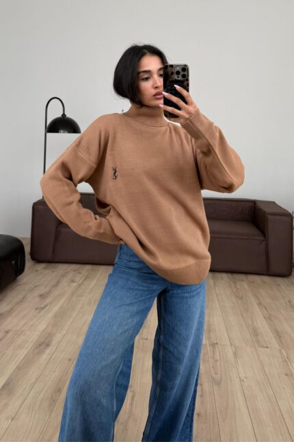 Boğazlı Oversize Kazak Sütlü Kahve