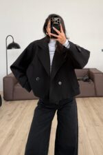 Crep Kumaş Düğmeli Trenç Siyah