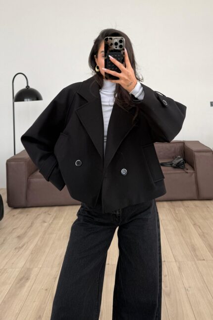 Crep Kumaş Düğmeli Trenç Siyah