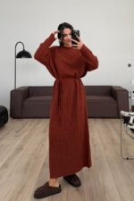 Dokulu Triko Elbise Taba