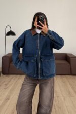 Fermuarlı Kadife Yaka Denim Ceket - Görsel 4