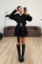 Güpür Detay Gold Tokalı Siyah Elbise