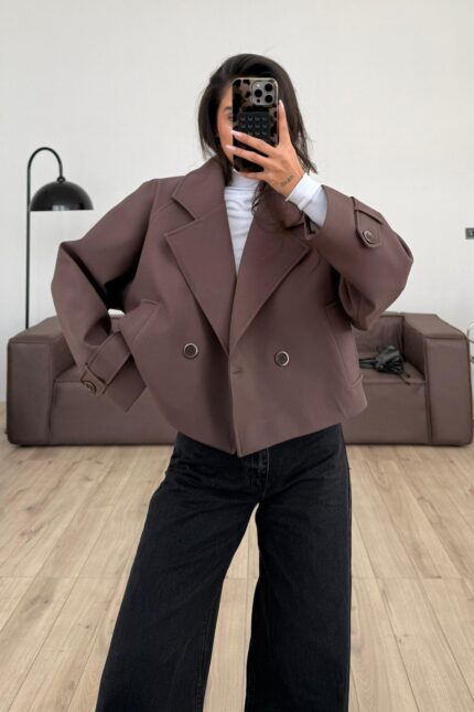 Crep Kumaş Düğmeli Trenç Kahverengi