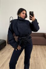 Kuşaklı Dik Yaka Bomber Ceket Lacivert